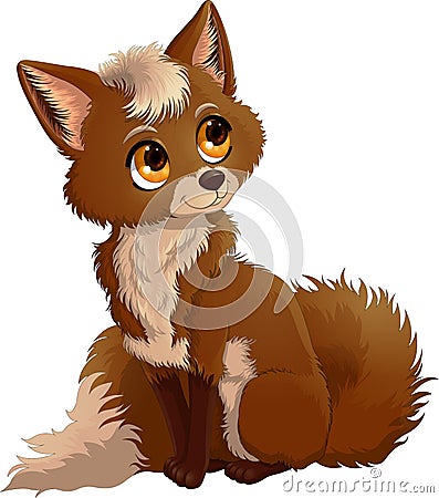 Illustration of sitting cute amber fox cartoon with fluffy tail isolated on white background Vector Illustration